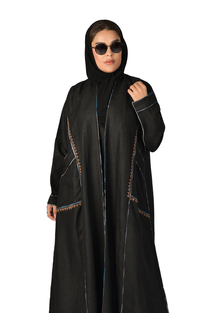 عباية لنن لون اسود بجيوب عملية