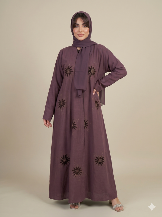 عبايه من اللنن الطبيعي باللون الموف الغامق