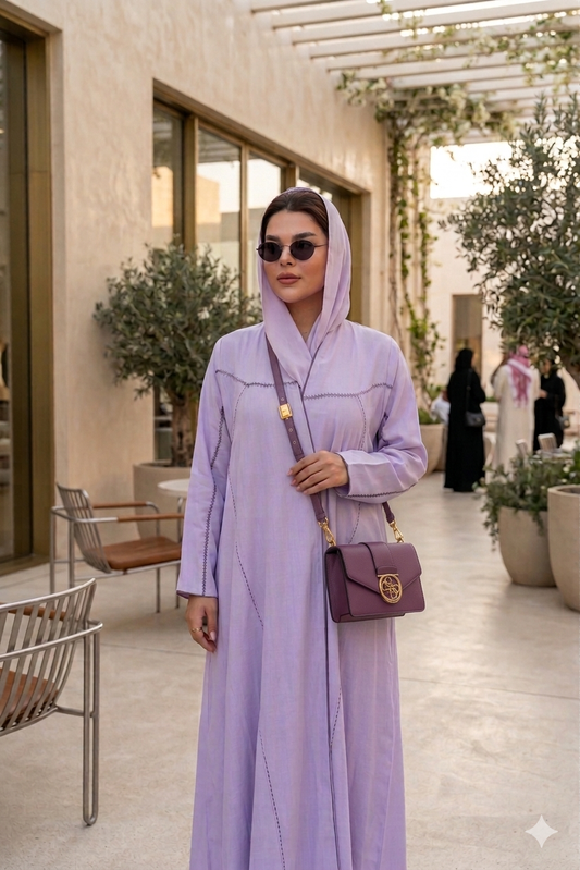 عبايه من اللنن الطبيعي بلون الافندر الفاتح