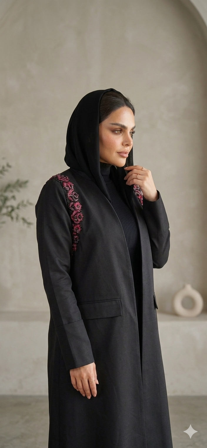 بليزر كتان اسود مزينة بالورود