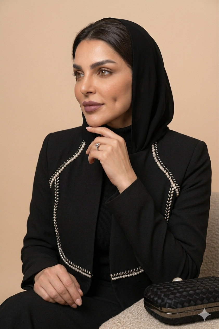 بليزر كريب اسود مع لمسات اللؤلؤ