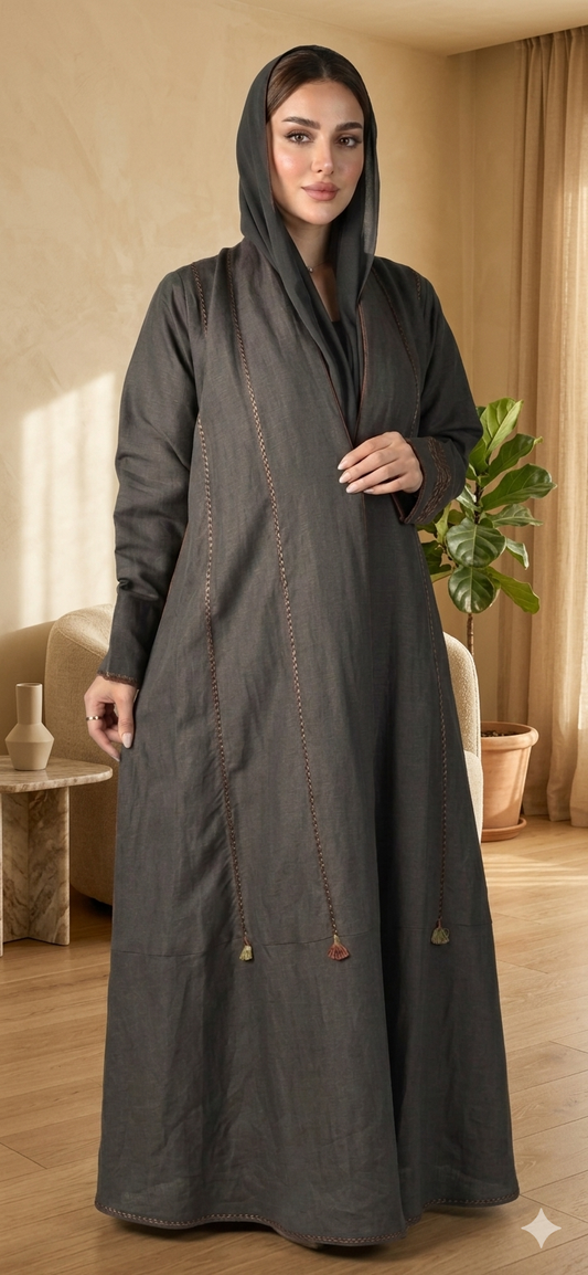 عباية لنن من اللون الرمادي الداكن