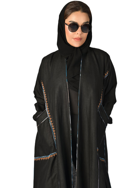 عباية لنن لون اسود بجيوب عملية